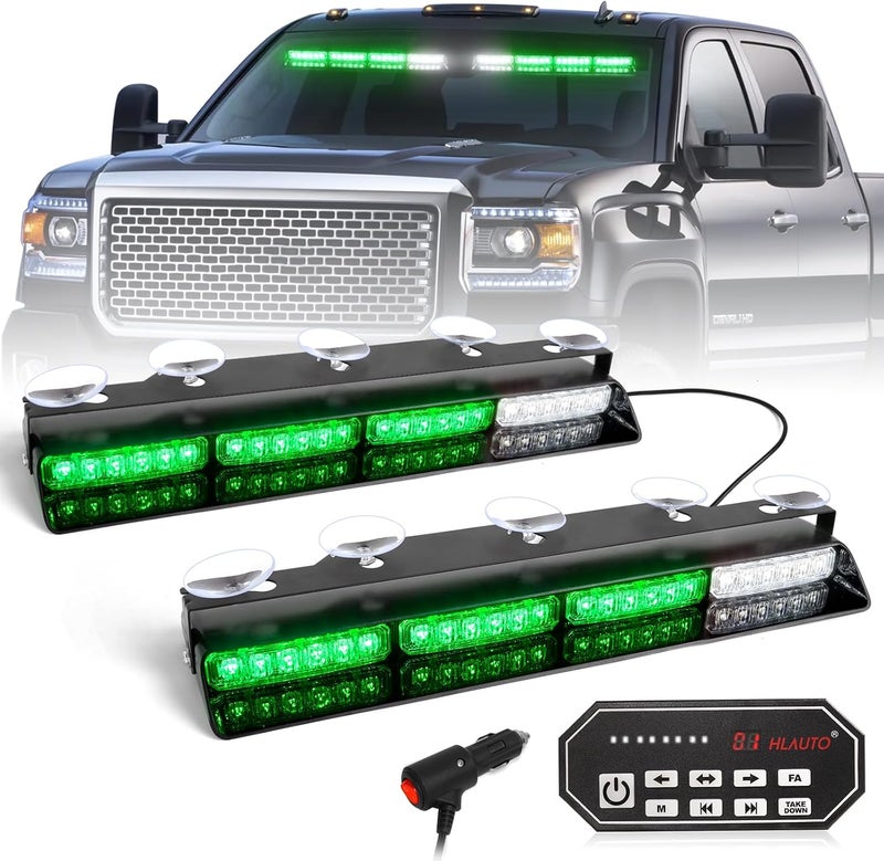 HLauto 604N Emergency Dash Strobe Lights: 2x16.8 inch Green Security Light w/Take Down, 48 LED Safety Flashing Warning Hazard Interior Windshield Light Bar for Truck Vehicle - Image 1